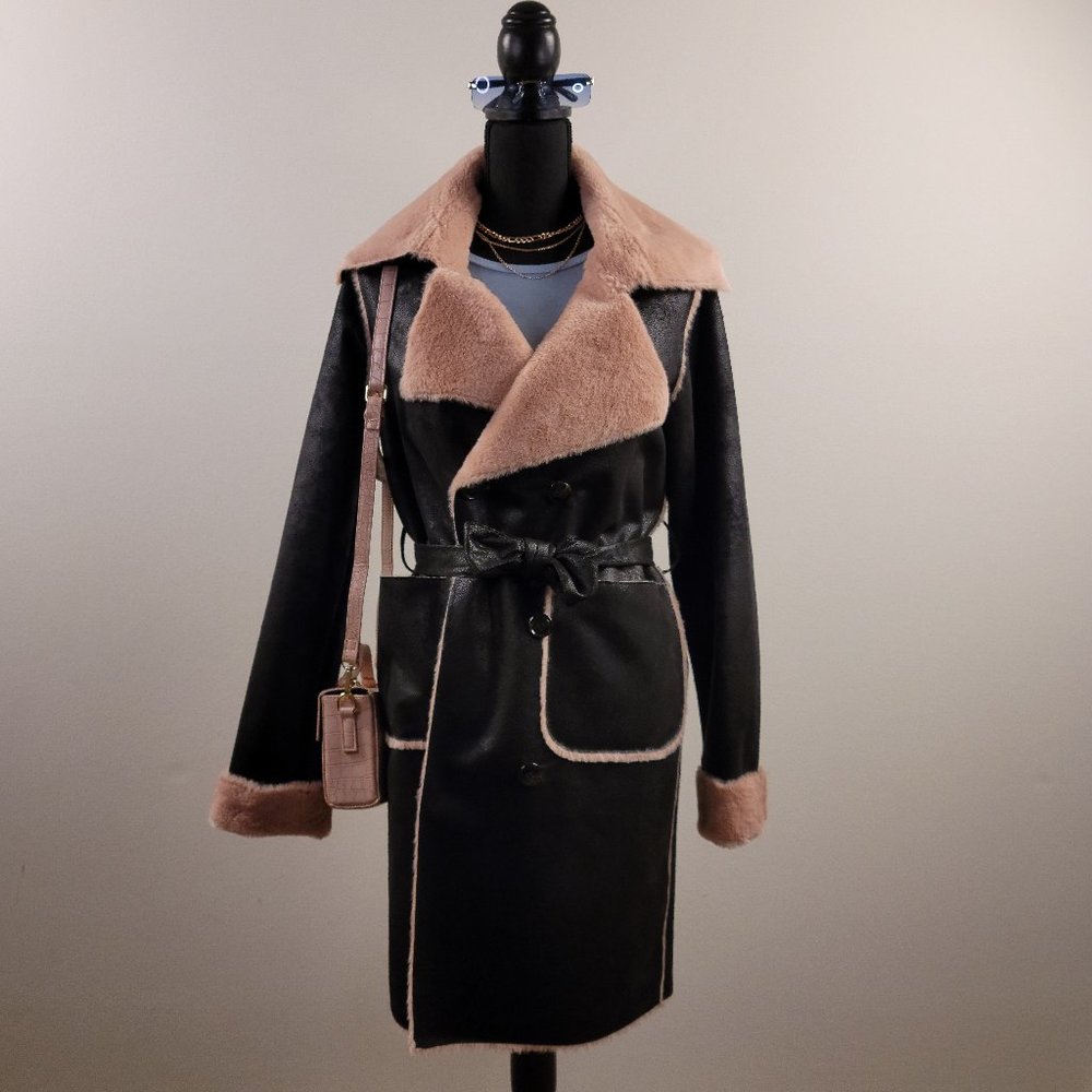 Venus Black Faux Leather Pink Faux Fur Trench US 2 | Black Faux Leather Coat